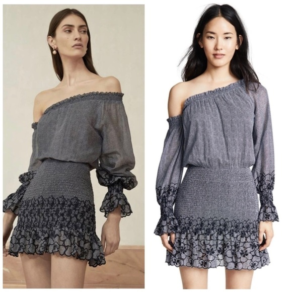 Alexis Royce Smocked Embroidered Ruffle Mini Dress Blue Cocktail Casual Party - Picture 1 of 7